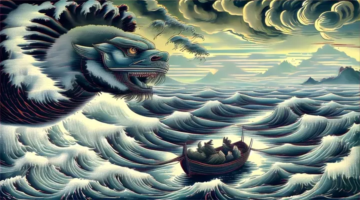 a painting of a boat in a body of water