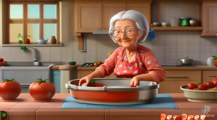 an old woman is cooking tomatoes in the kitchen