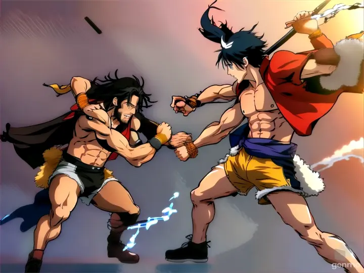 a anime of two men fighting with each other