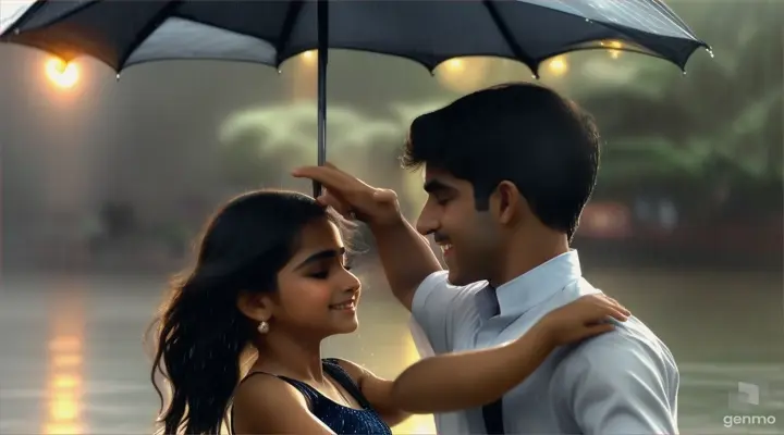 Amidst a torrential downpour, a Pakistani girl, aged 24, clad in a pant-shirt ensemble, crosses paths with a stranger—a boy of the same age, equally drenched by the rain. In a spontaneous moment, their eyes meet, and without a word, they begin to dance, their wet clothes clinging to their skin as they move in perfect harmony. ,video ratio 16:9