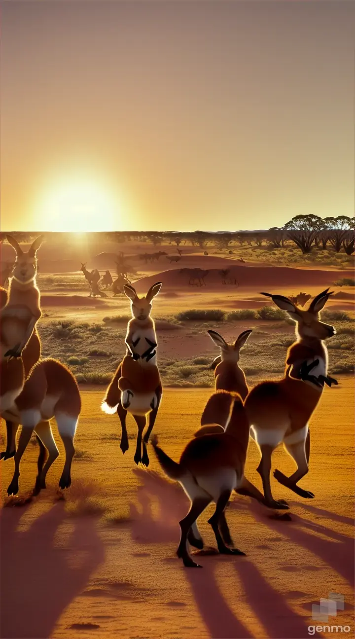 Render a troop of kangaroos hopping across the Australian outback, showcasing the agility and unity of a troop.
