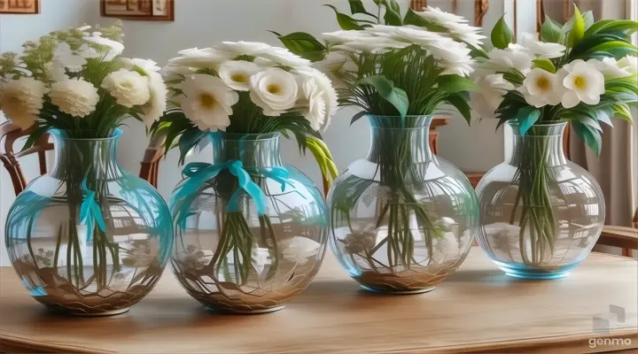 three vases filled with white flowers on a table, looking very beautiful. 