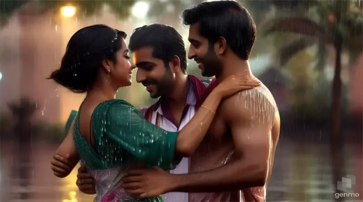 In the midst of a Pakistani monsoon, a woman and a man, both aged 24, clad in pant-shirts, find themselves drenched by the rain. With a shared glance, they step into the downpour, their wet clothes clinging to their skin as they dance together, lost in the beauty of the moment ,video ratio 16:9