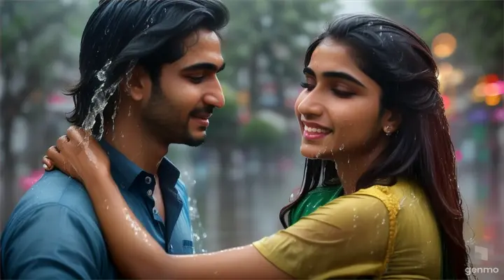  In the midst of a Pakistani monsoon, a woman and a man, both aged 24, clad in pant-shirts, find themselves drenched by the rain. With a shared glance, they step into the downpour, their wet clothes clinging to their skin as they dance together, lost in the beauty of the moment ,video ratio 16:9