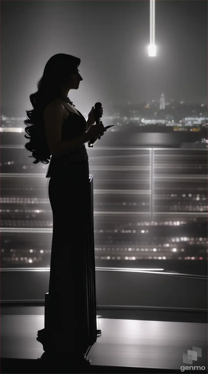 A silhouette of a Middle Eastern American woman at a podium, with dramatic lighting, and a diverse audience in the foreground