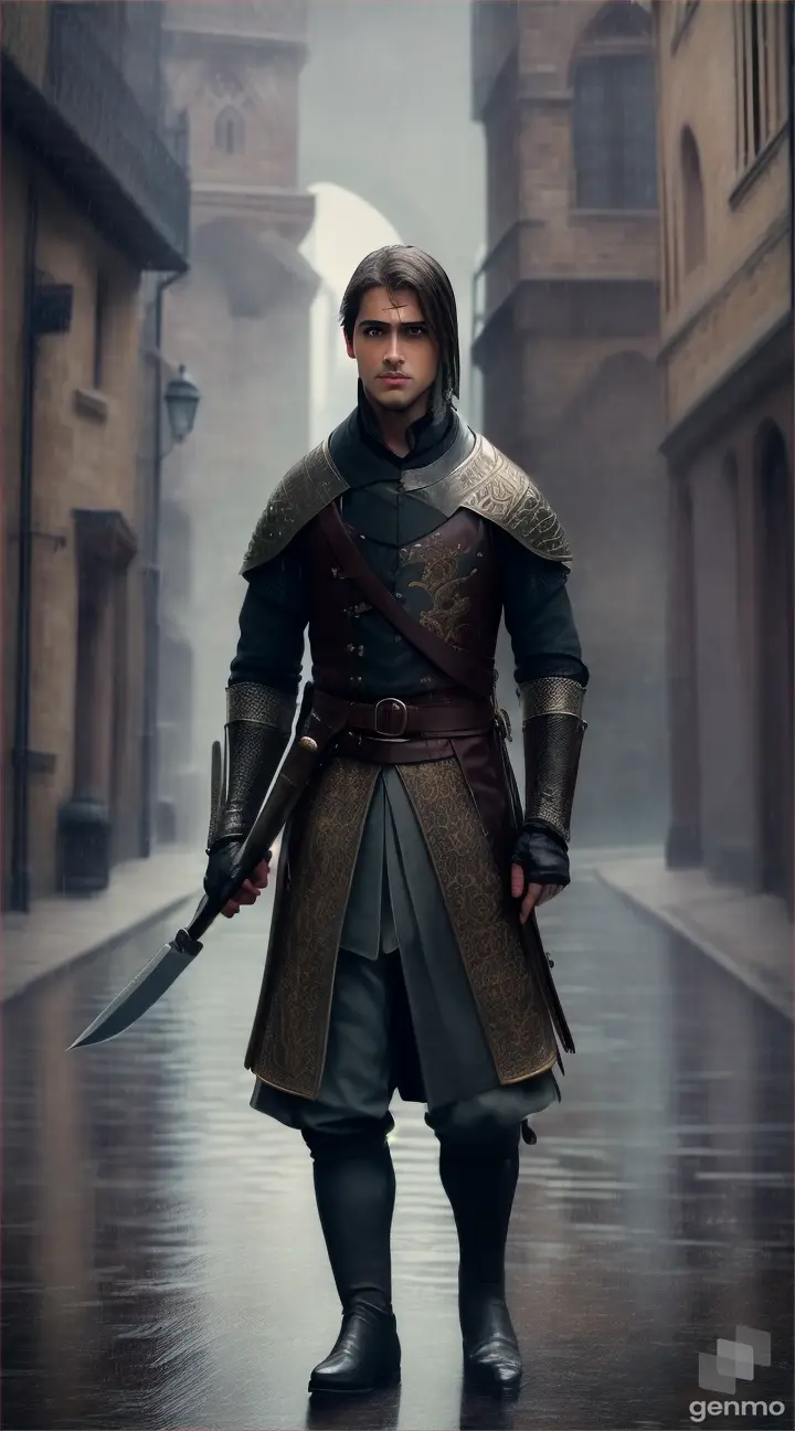 a young assassin—a handsome, clean-shaven man with brown, disheveled hair and dark brown eyes. He wears all black leather, standing resolute in a medieval city street, rain pouring down. His grip tightens on the knife, determination etched into his features. 