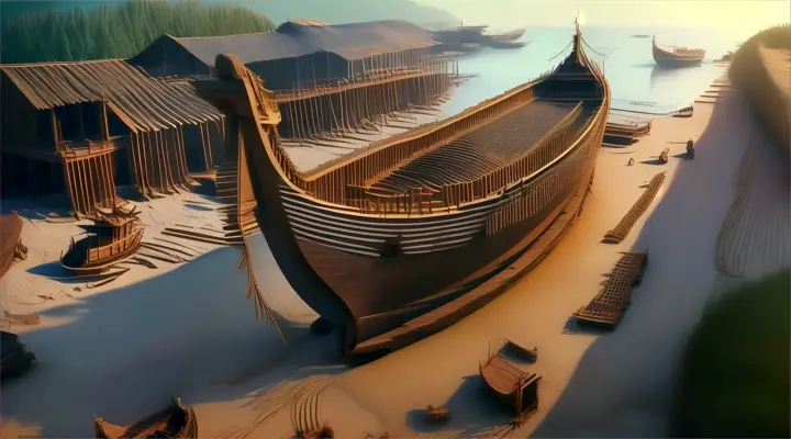a large wooden boat sitting on top of a sandy beach