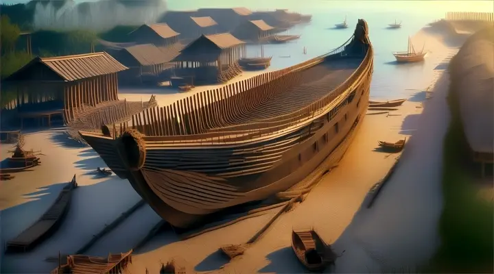 a large wooden boat sitting on top of a sandy beach