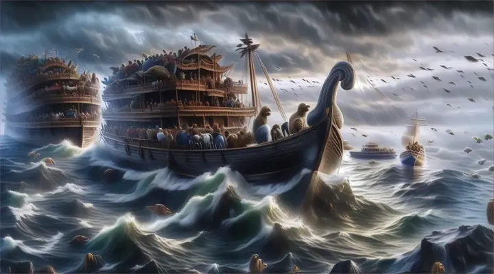 a painting of a boat full of people in the ocean
