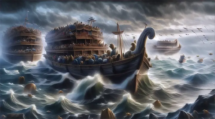 a painting of a boat full of people in the ocean