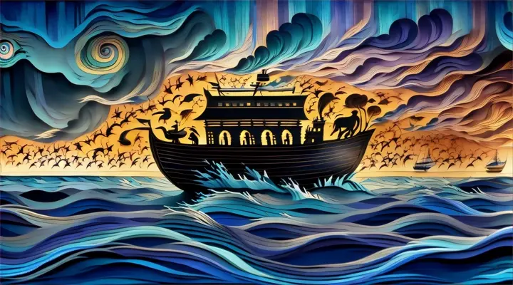 a painting of a boat in the middle of the ocean