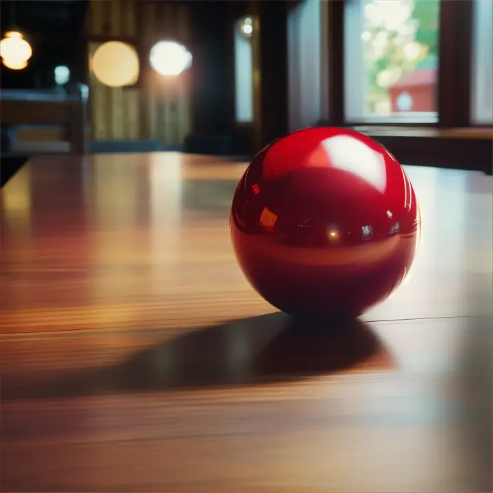 A shiny red ball rolling slowly across a rough wooden table. The camera is stationary, focusing on the ball's texture and the table's grain.