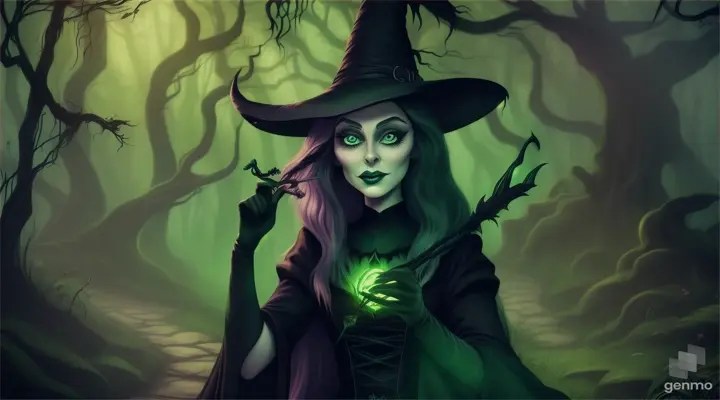 Cartoon very horrible witch applying black magical in jungle 