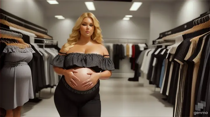 beautiful pragnent blonde Russian woman plus size, juggernaut model stylish Black elegance summer cotton off shoulder sleeves suit with matching cotton trousers, body tattoos, long hair, focus at the camera, of a clothes store with pews and checkered floor Day lights