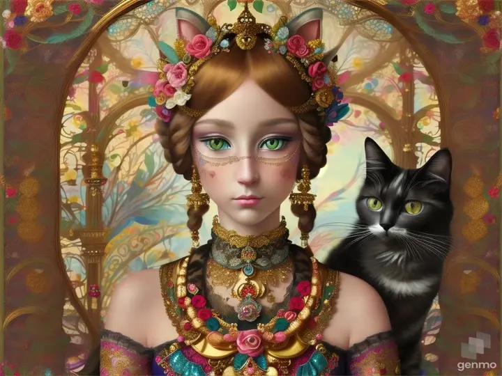 The image is a highly detailed and colorful artwork that features a person with their face blurred out, adorned with elaborate accessories and accompanied by a cat. The person’s attire and surroundings are richly decorated, giving an ethereal or fantastical appearance. horizontal image