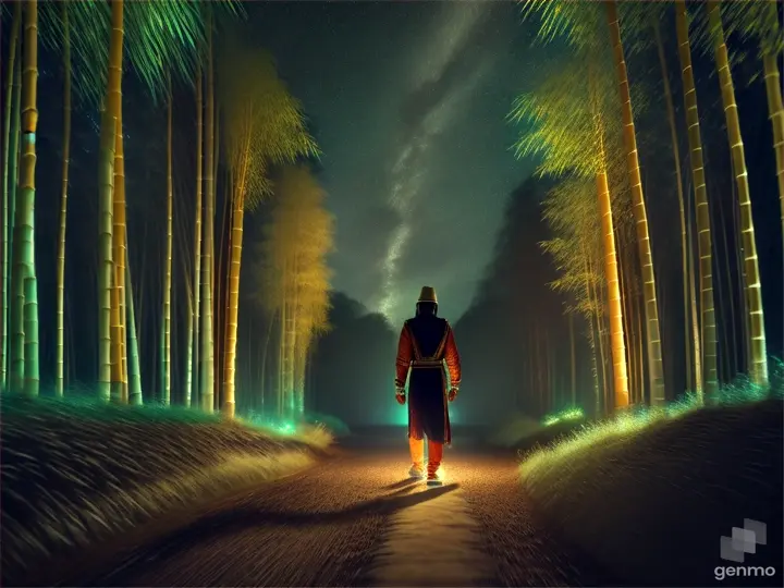 Bright Glowing Phosphorus Lots of bamboo Far away in the darkness, In the distance walks an Indian made entirely of glowing phosphorus, realistic photo, 8k, detailed, digital light, ultra realistic, ultra HD, realistic effects, 8k, UHD, realistic photo, digital light, Dynamic colors, digital design, ultra realistic photo, 8k, UHD, realistic effects, 1000K, 12k, ultra realistic photo, 8k, hyper-detailed, definition, ultra realistic , ultra quality, 3d render