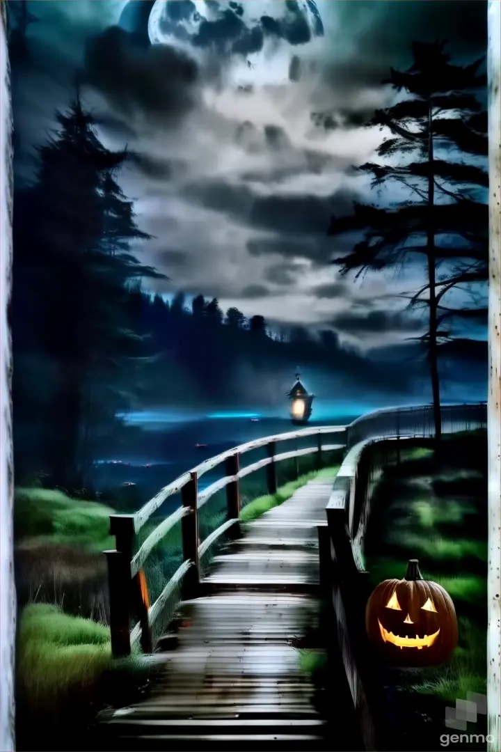 a wooden walkway with a carved jack o lantern on it