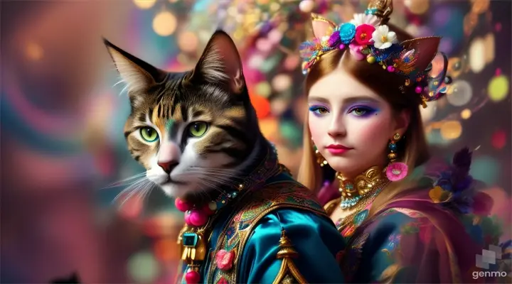 The image is a highly detailed and colorful artwork that features a person with their face blurred out, adorned with elaborate accessories and accompanied by a cat. The person’s attire and surroundings are richly decorated, giving an ethereal or fantastical appearance. horizontal image