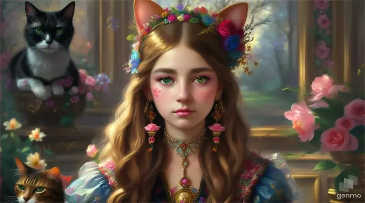 The image is a highly detailed and colorful artwork that features a person with their face blurred out, adorned with elaborate accessories and accompanied by a cat. The person’s attire and surroundings are richly decorated, giving an ethereal or fantastical appearance. horizontal image