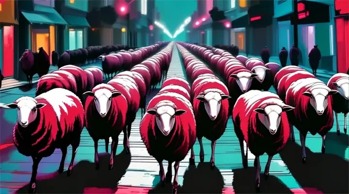 a painting of a herd of sheep walking down a city street at night