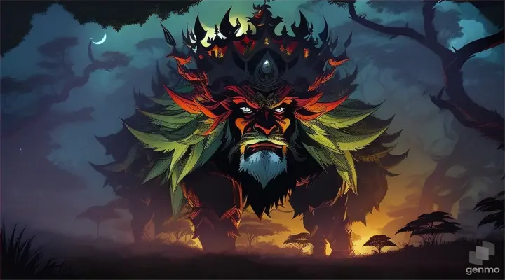 Cartoon beautiful king very angry mood in jungle night time 