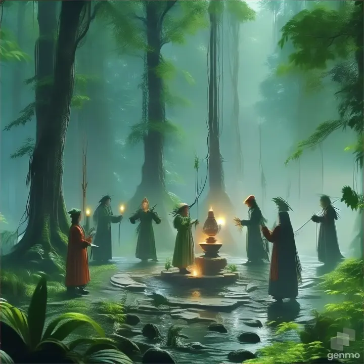 a group of people standing in the middle of a forest