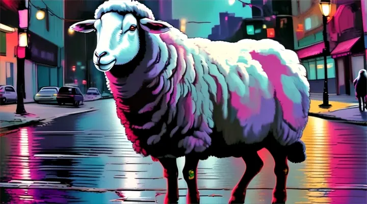 a painting of a sheep standing on a city street at night