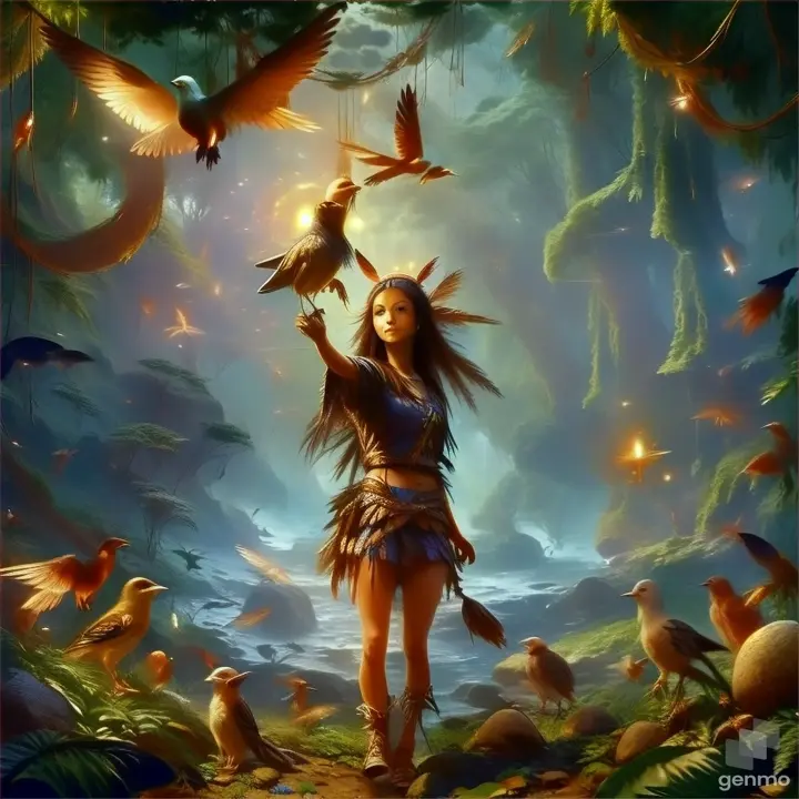 a painting of a woman holding a bird in a forest