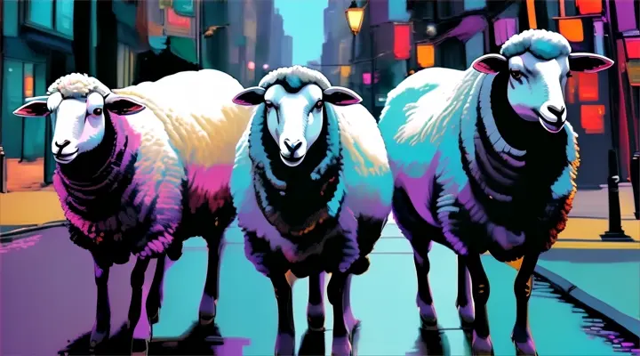 a painting of three sheep standing on a city street at night