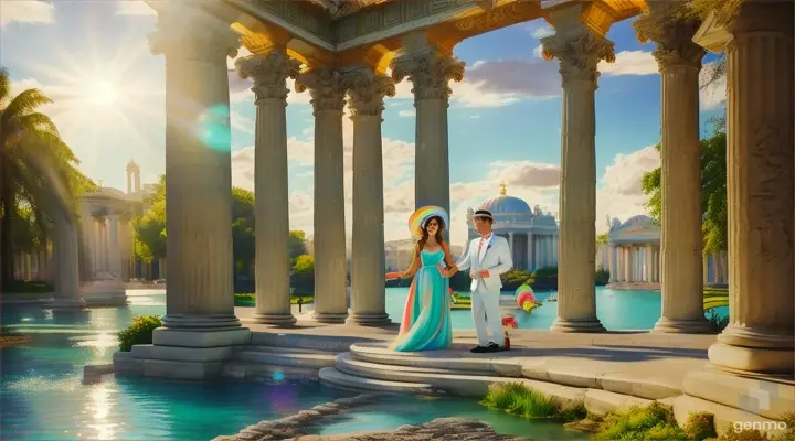 (Olga and Ivan stood near the Greek columns supporting the building in the Rococo style), (city park, bright afternoon sun) rainbow waves of light emanate from the sun, reflecting in the lush turquoise water of the park lake, (linart), (studio ghibli:1.3), ( masterpiece, best quality), (studio ghibli:1.3), vibrant lush, landscape lens, dreamlike, bioluminescent, cel-shaded, Gigolo Mucha, close to perfect, sharp focus, high detail, concept art, pixiv trends, 4k resolution, (photorealistic) 16:9 