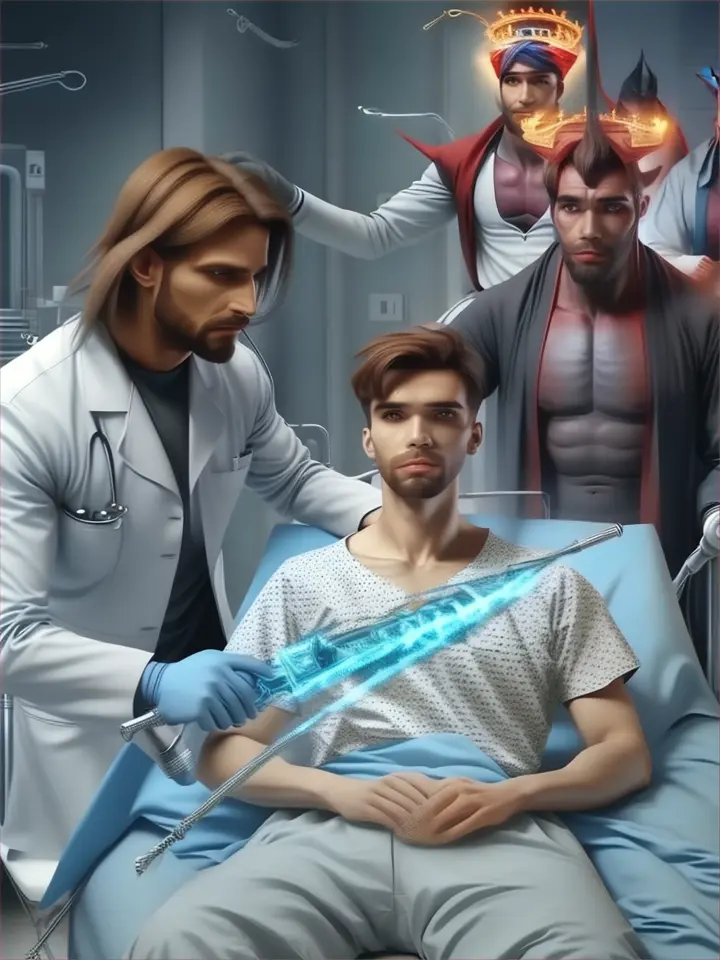 a man in a hospital bed, god at he left and demon at the right side  (fantasy style)