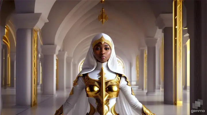 dark skinned Black muslim hijabi futuristic goddess in white clothing with gold accents calmly using power in a mystical white mosque library