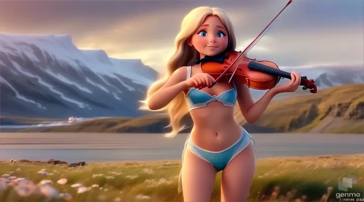 In Vatnajokull, Iceland, a young and beautiful American girl with white skin and long hair and plays the violin