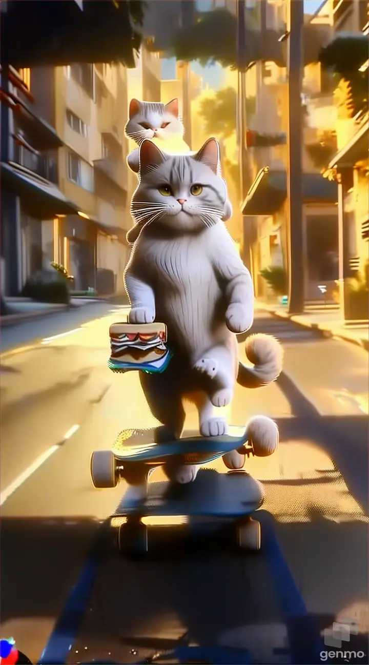 a cat riding a skateboard down a street