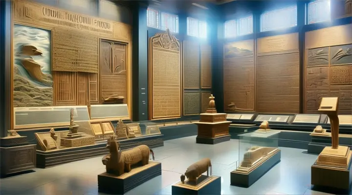 a museum display of various types of wood carvings