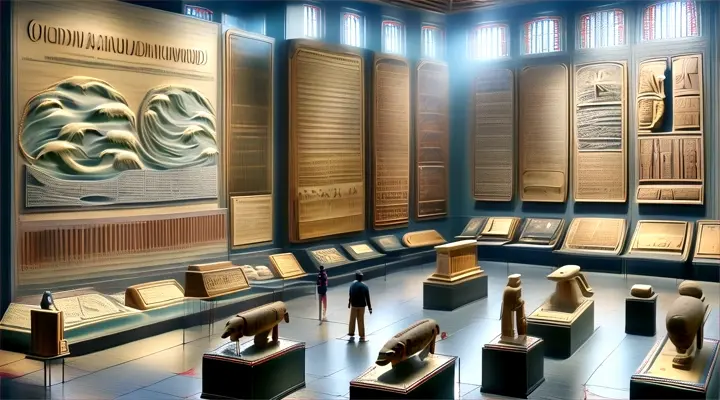 a museum display of various types of wood carvings