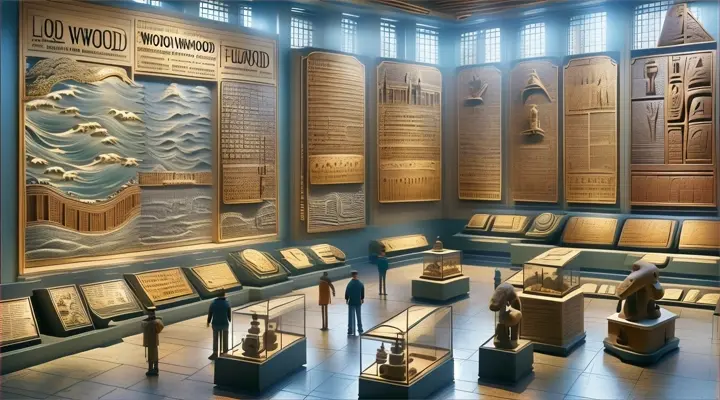 a museum display of various types of wood carvings