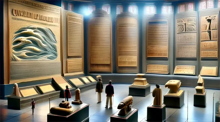 a museum display of various types of wood carvings