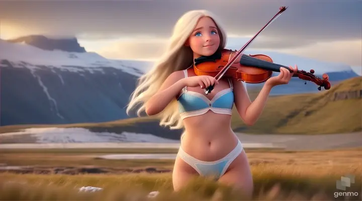 In Vatnajokull, Iceland, a young and beautiful American girl with white skin and long hair and plays the violin