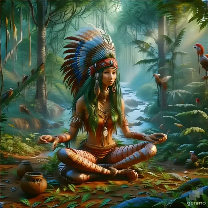 a painting of a native american woman sitting in a forest