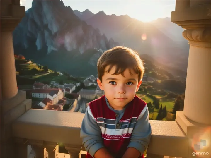 Small boy standing on castle balcony at sunset, with warm light illuminating the rugged mountain range behind him