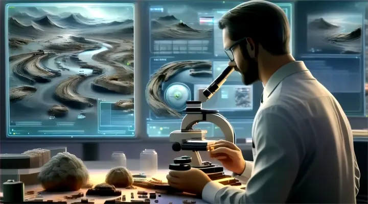 a man looking through a microscope at a computer screen