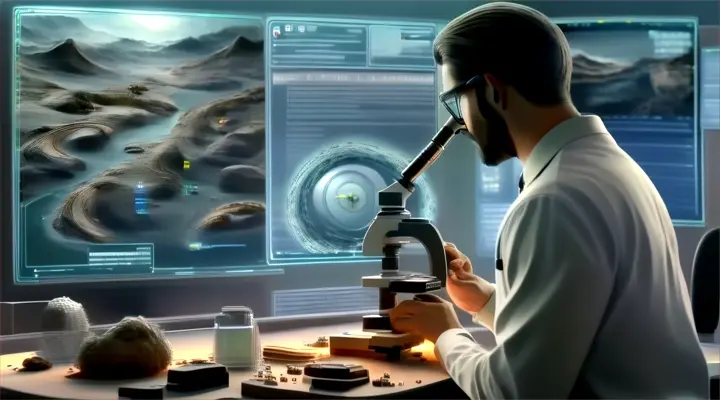 a man looking through a microscope at a computer screen
