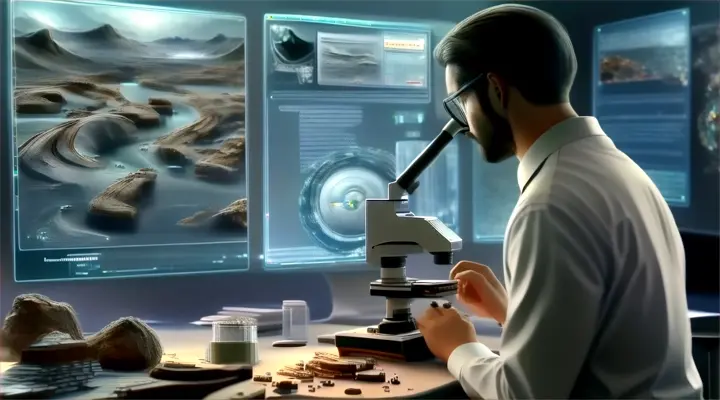 a man looking through a microscope at a computer screen