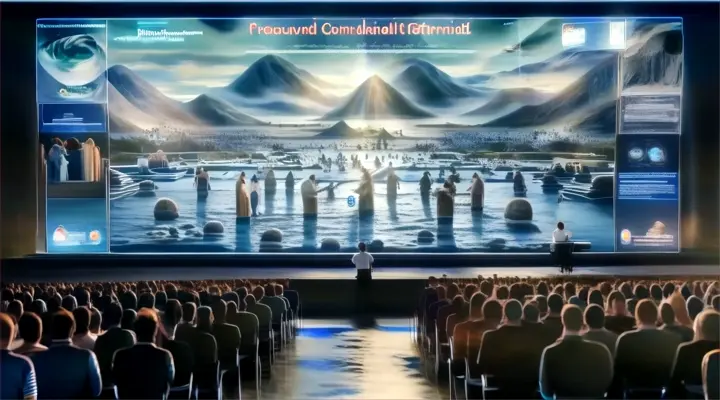 a crowd of people sitting in front of a large screen