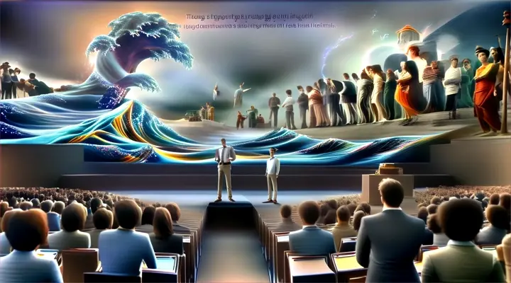 a man standing on a stage in front of a crowd of people