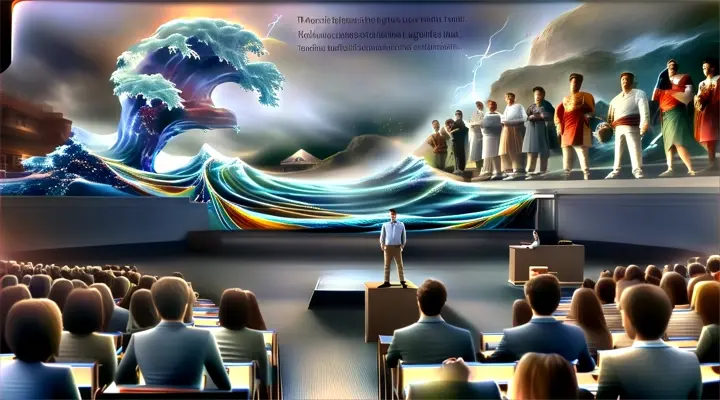 a man standing on a stage in front of a crowd of people