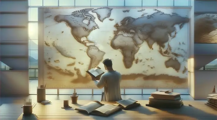 a man reading a book in front of a world map