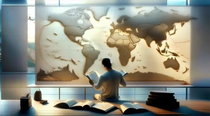 a man reading a book in front of a world map