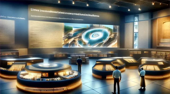 a man standing in front of a large screen in a library